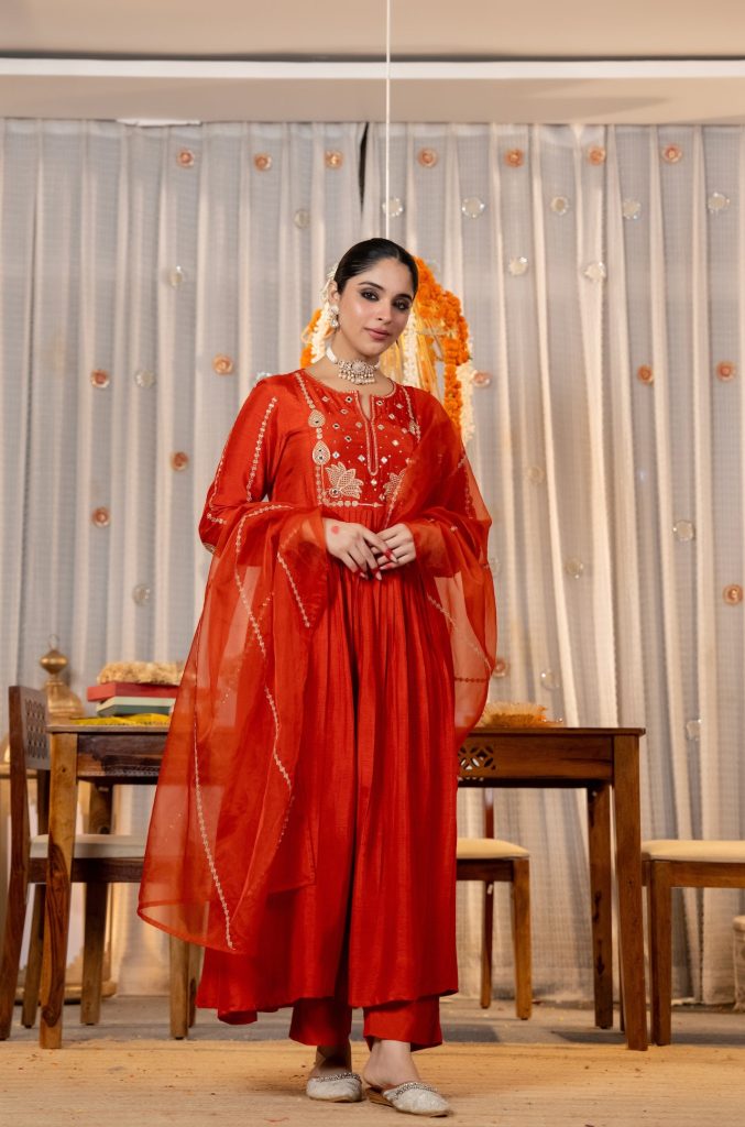 Tangerine Chanderi Silk Embellished Suit Ensemble