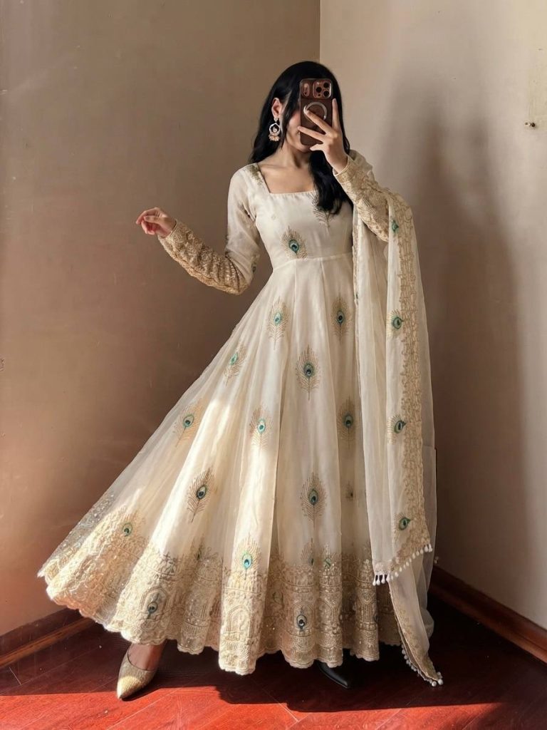 Pearl White Silk Embellished Anarkali Gown