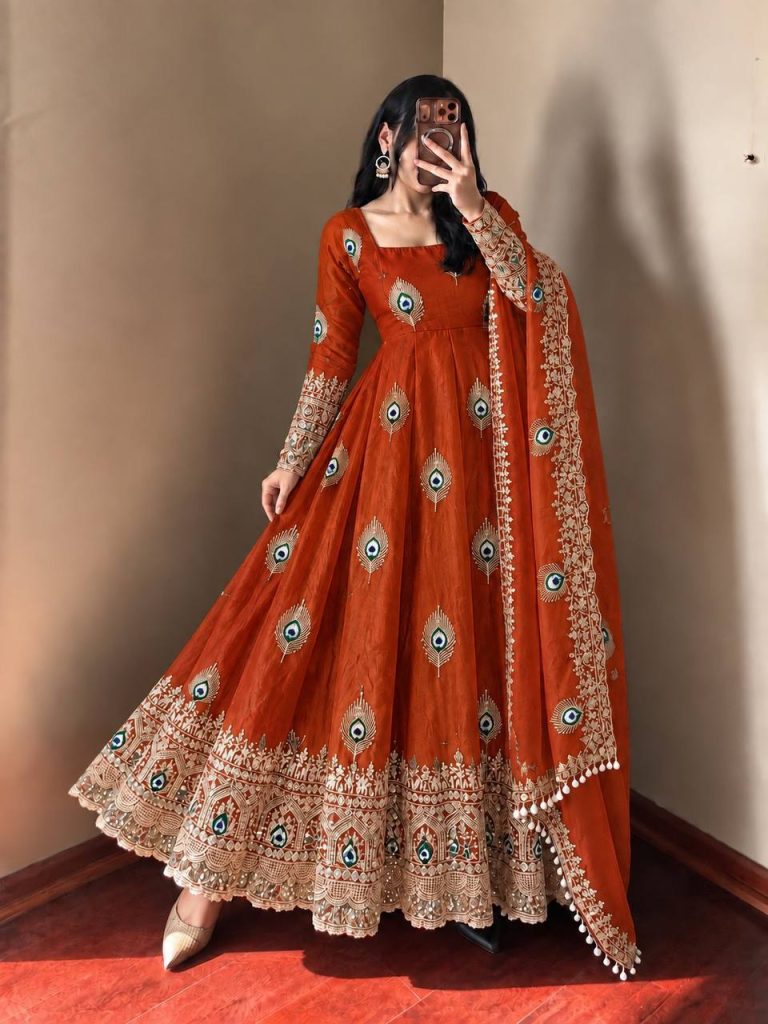 Burnt Rust Silk Embellished Anarkali Gown