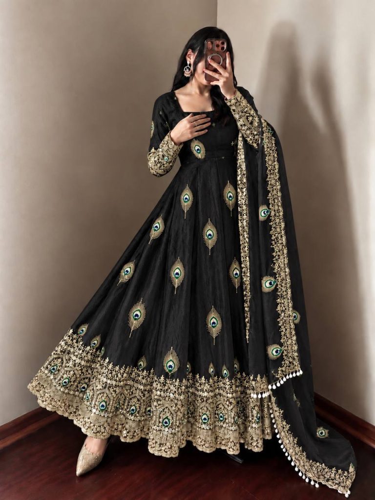 Midnight Black Silk Embellished Anarkali Gown