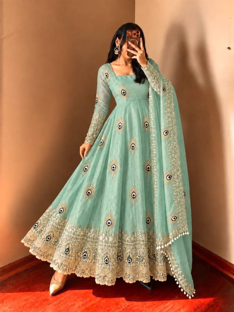 Mint Sage Embellished Anarkali Gown
