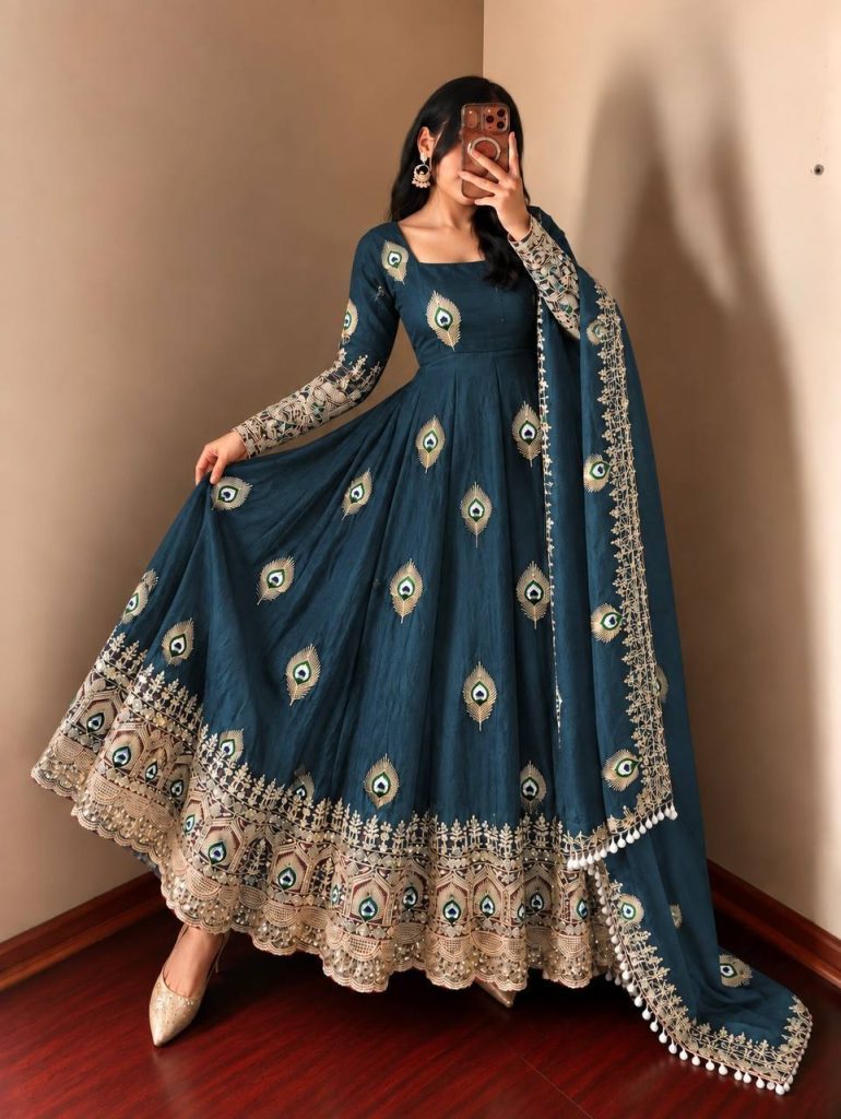 Teal Azure Silk Embellished Anarkali Gown