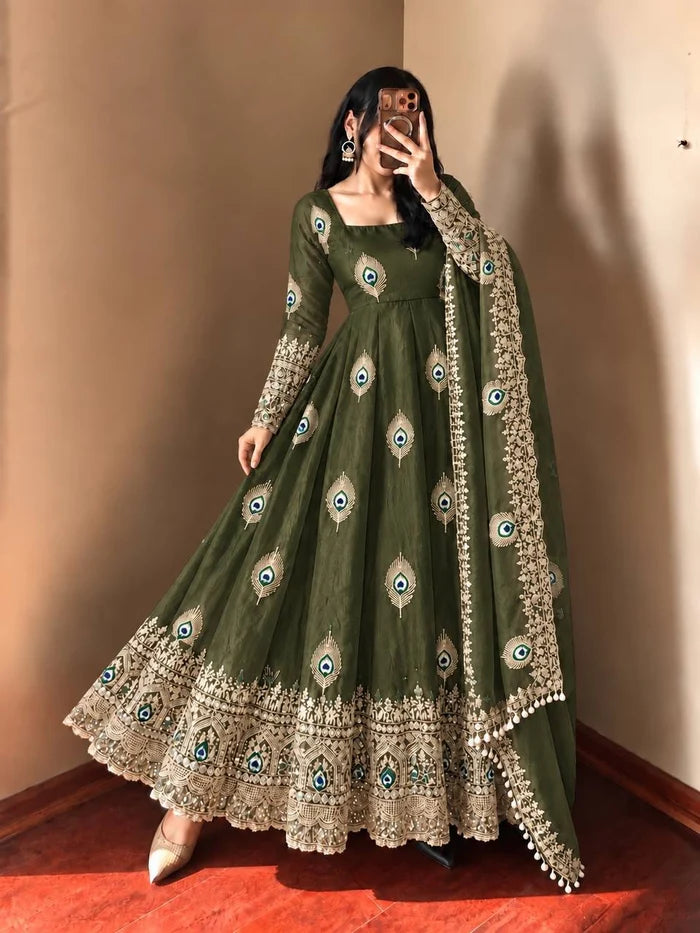 Olive Sage Silk Embellished Anarkali Gown