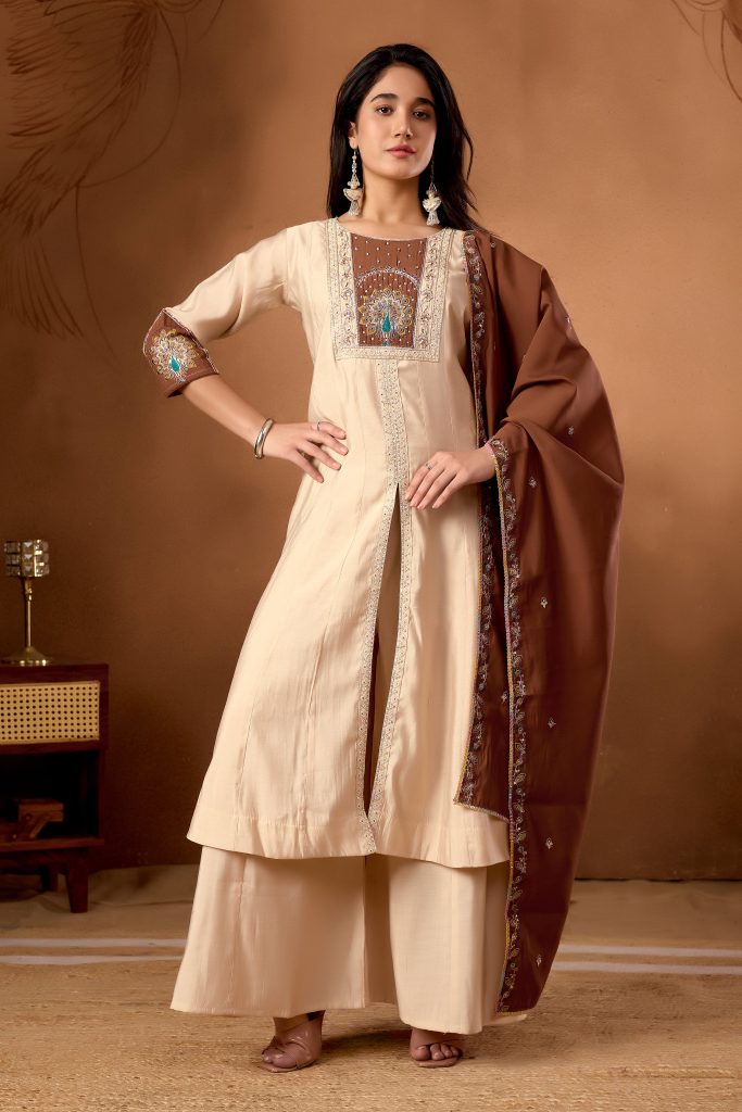 Graceful Cream Roman Silk Kurti Ensemble