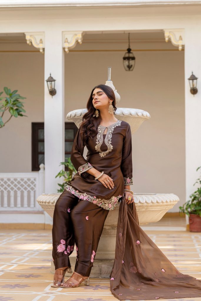 Coffee Embellished Designer Suit Ensemble