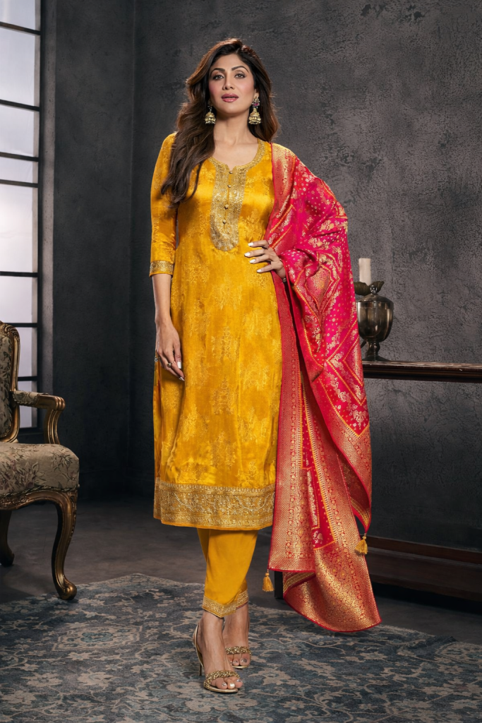 Haldi Designer Pure Banarasi Jacquard Weaving Suit Ensemble