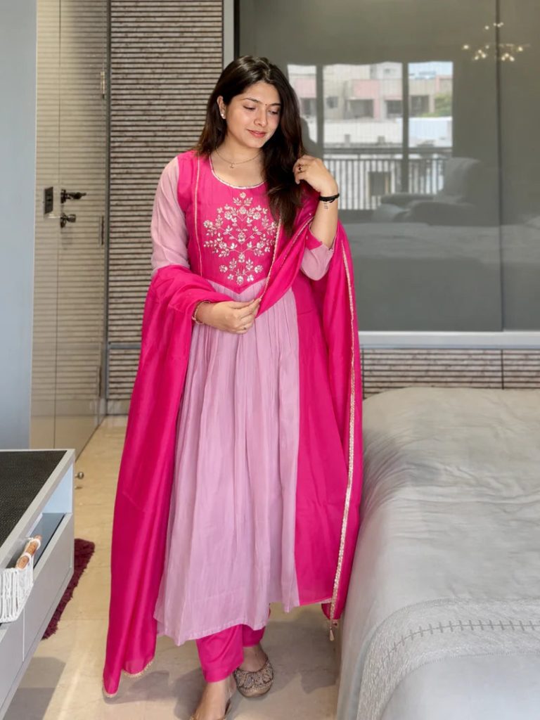 Pink Embellished Mul Chanderi Suit Ensemble