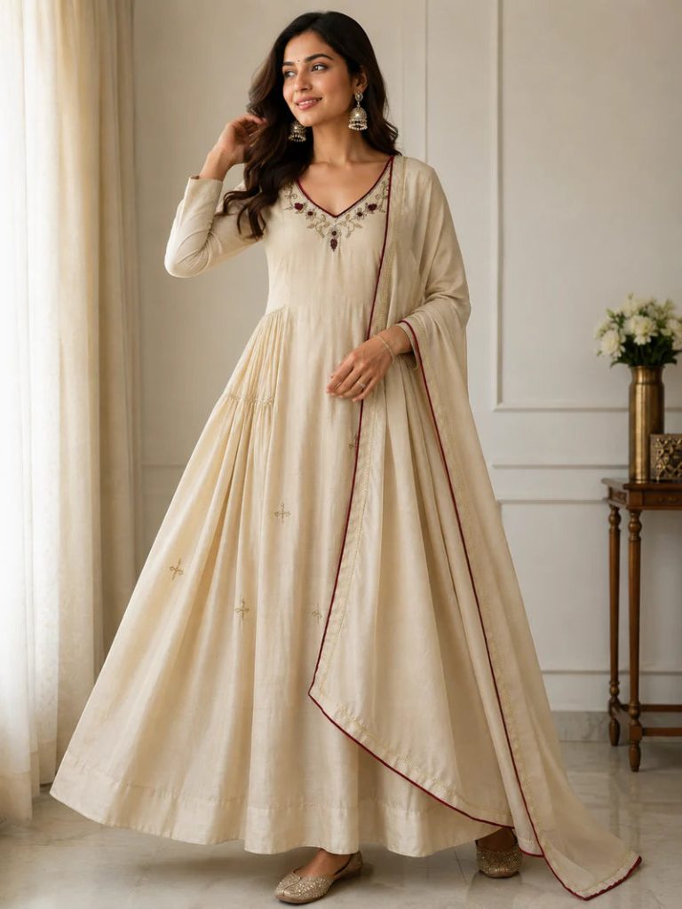 Graceful Ivory Embellished Anarkali Suit Ensemble