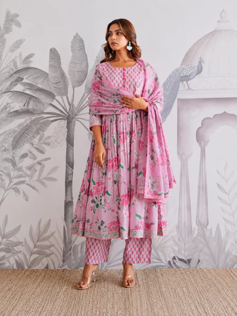Pink Botanical Jaipuri Cotton Flared Anarkali Suit Ensemble
