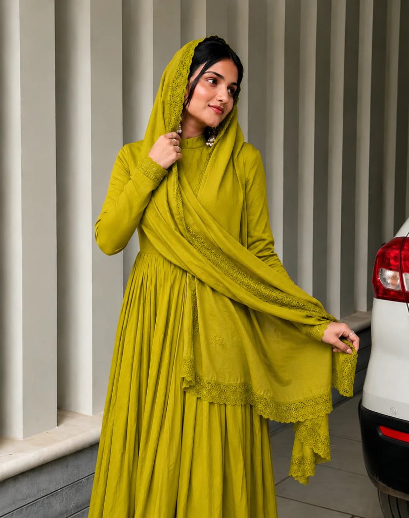 Mustard Green Embellished Anarkali Suit Ensemble for Women