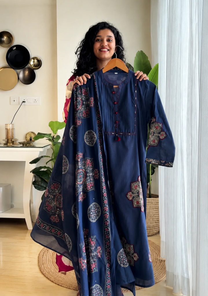 Graceful Navy Blue Patchwork Kurta, Pant & Dupatta Ensemble for Women