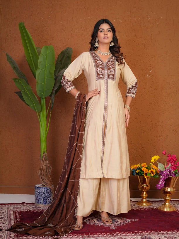 Soft Cream Roman Silk Anarkali Kurti Ensemble