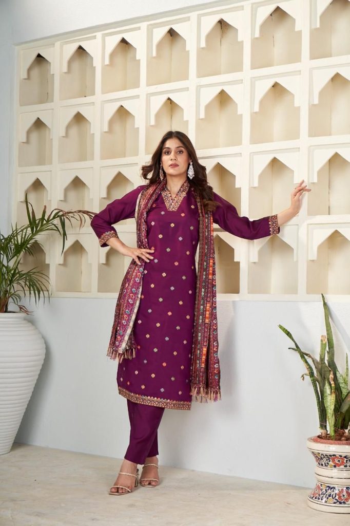 Royal Purple Embellished Viscose Chanderi Suit Ensemble