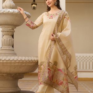 Viscose Assam Silk Embellished Kurta, Pant & Dupatta Ensemble