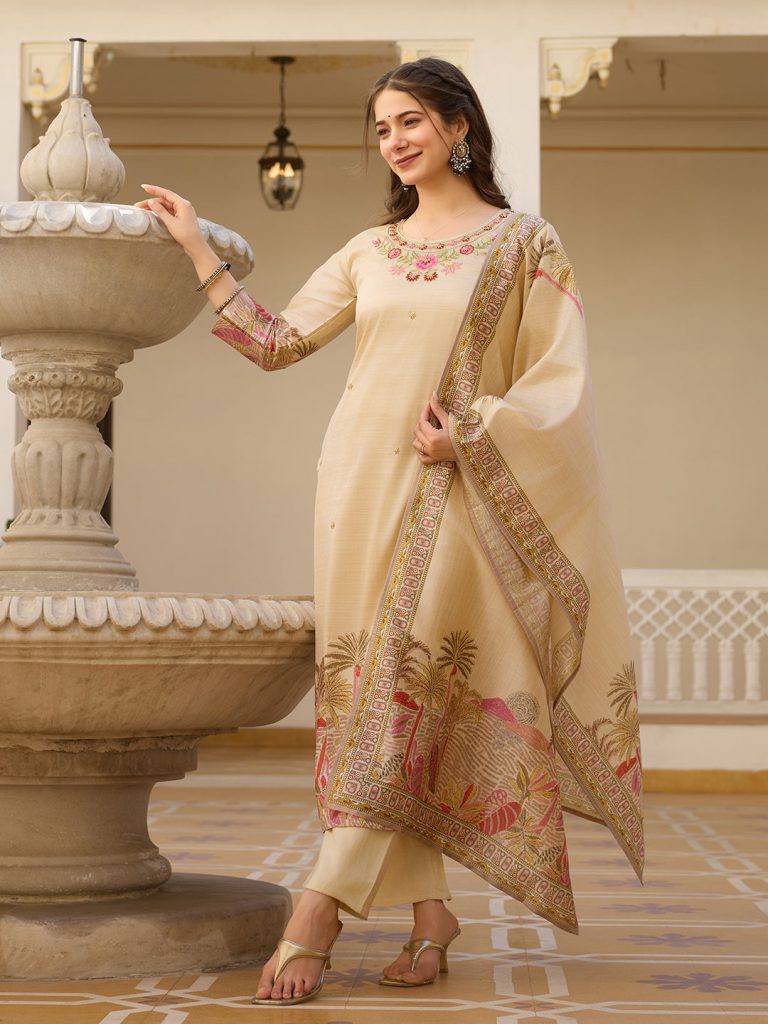 Viscose Assam Silk Embellished Kurta, Pant & Dupatta Ensemble