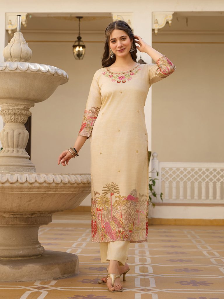 Soft Cream Assam Silk Embellished Suit Ensemble