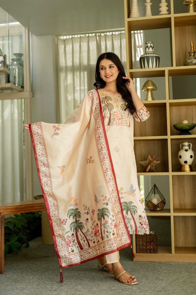 Ivory Cream Assam Silk Embellished Suit Ensemble