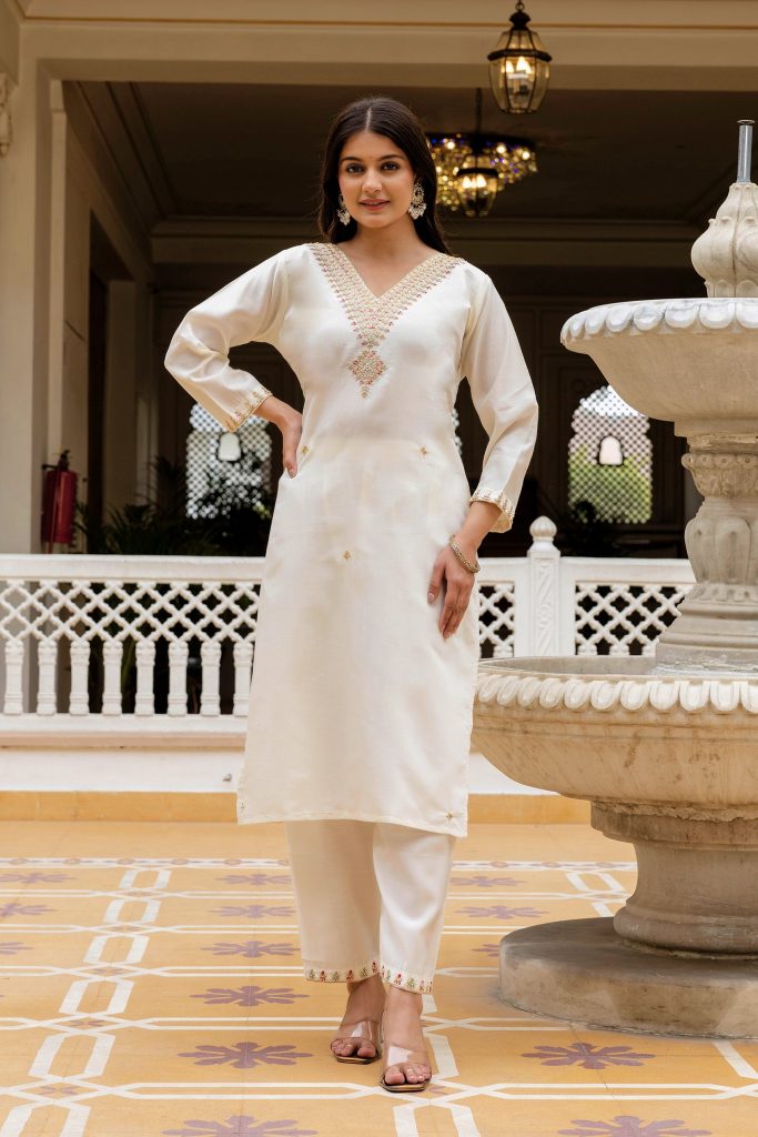 Pearl White Embellished Chanderi Suit Ensemble