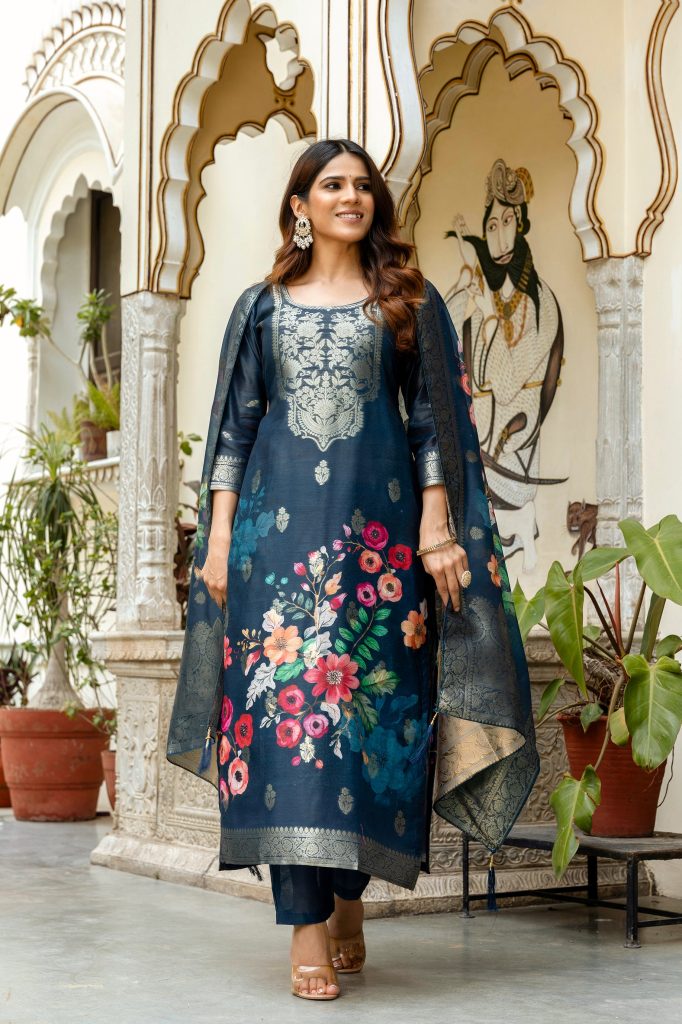 Deep Navy Patterned Chanderi Cotton Suit Ensemble