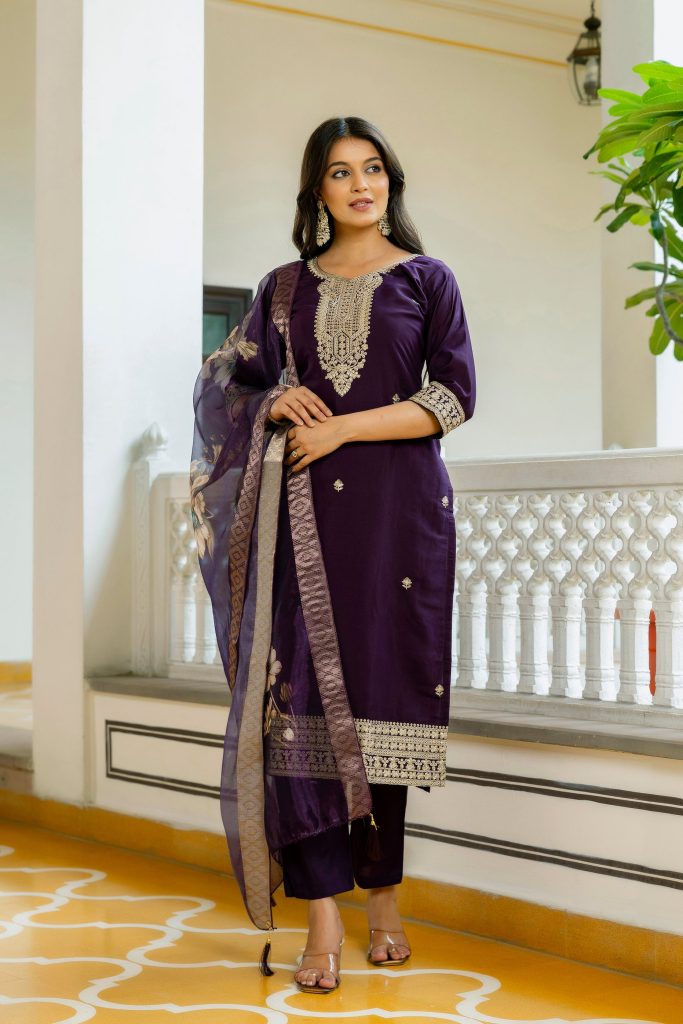 Wine Embellished Chanderi Cotton Suit Ensemble