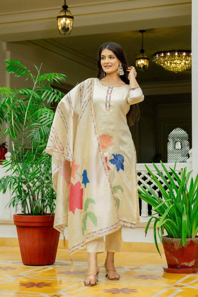 Beige Assam Silk Embellished Suit Ensemble