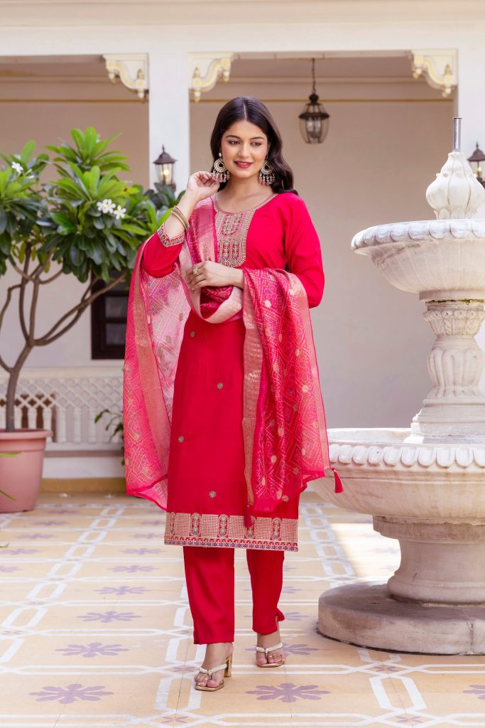 Pink Chanderi Embellished Suit Ensemble