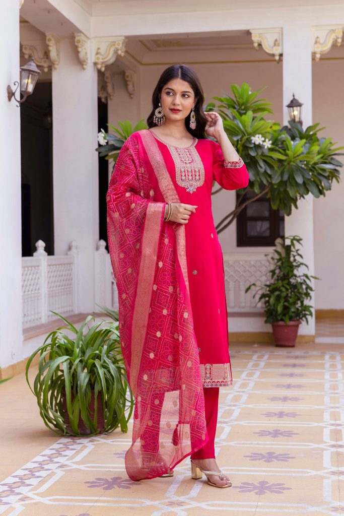 Pink Embellished Chanderi Suit Ensemble