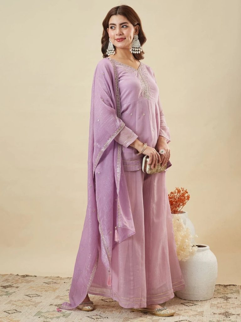 Lavender Crunchy Silk Embellished Sharara Suit Ensemble