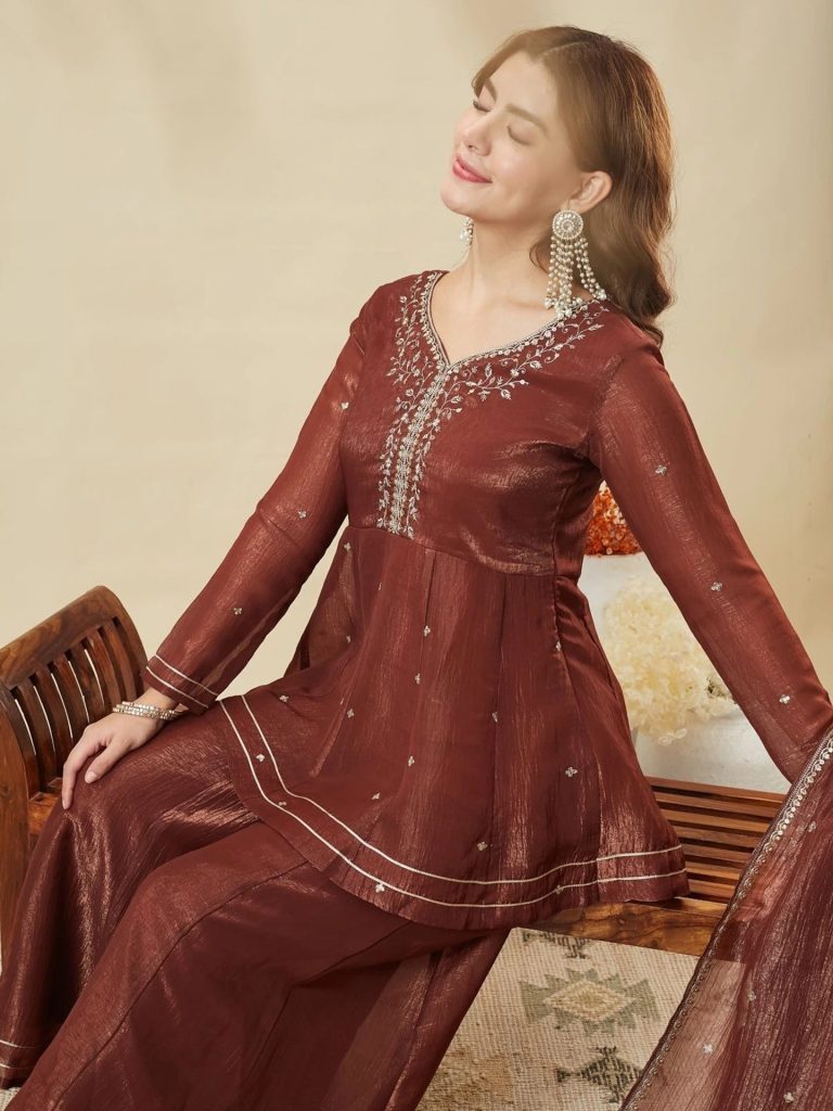 Deep Maroon Crunchy Silk Embellished Sharara Suit Ensemble