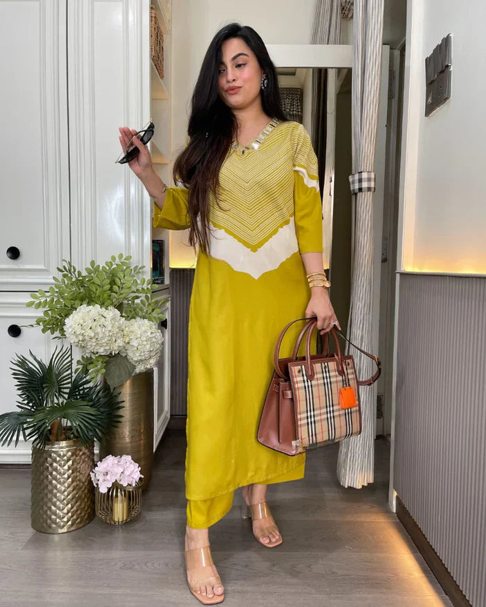 Golden Mustard Designer Kurti & Pant Ensemble