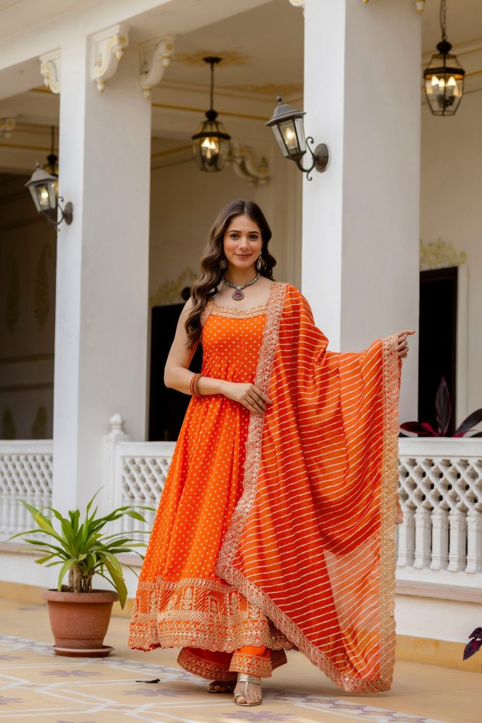 Tangerine Bandhani Vichitra Silk Gown Ensemble