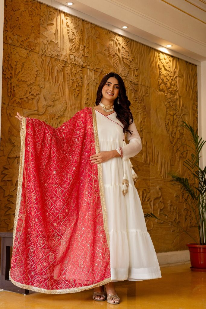 Ivory Ruby Ruffle Gown with Matching Dupatta Set