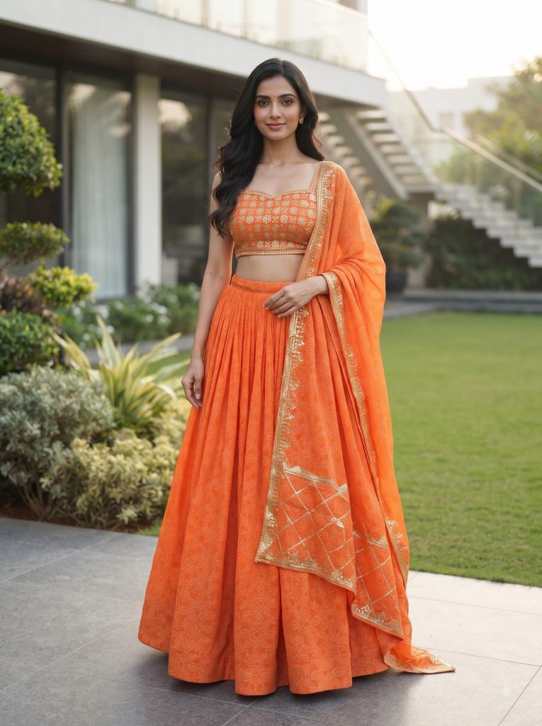Tangerine Bloosom Georgette Lehenga Ensemble