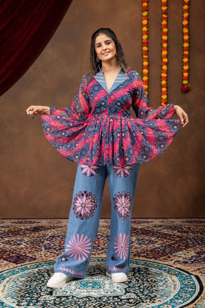 Patterned Georgette Folk Denim Royale Kediya Set