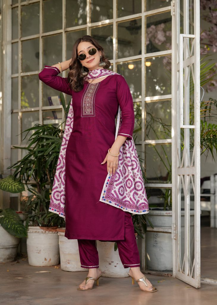 Deep Maroon Embellished Rayon Suit Ensemble