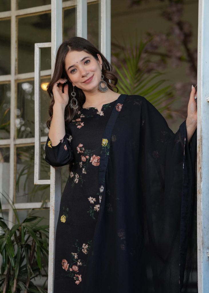 Midnight Black Botanical Patterned Silk Blend Kurta, Pant & Dupatta Ensemble