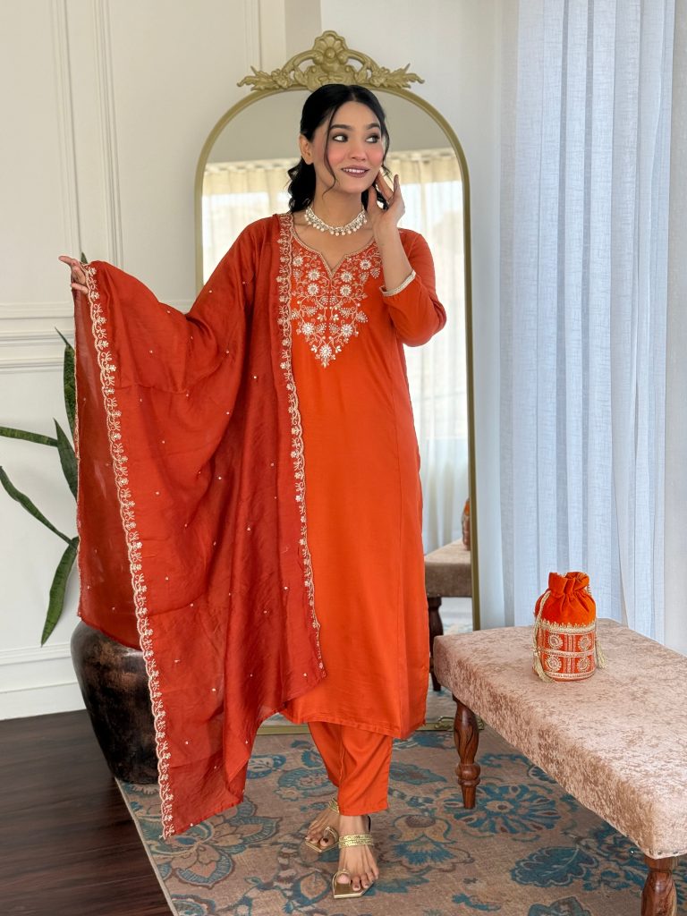 Tangerine Embellished Viscose Chinon Kurta Ensemble