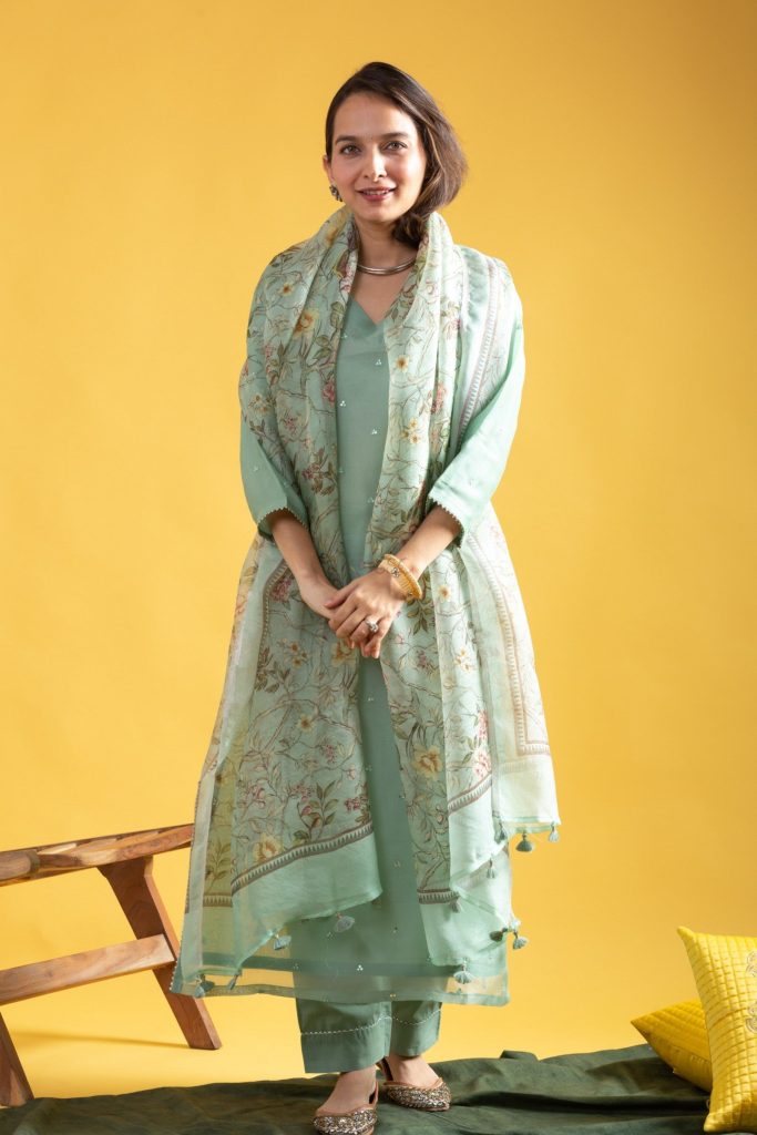 Ocean Pista Viscose Chanderi Embellished Kurta, Pant & Dupatta Ensemble