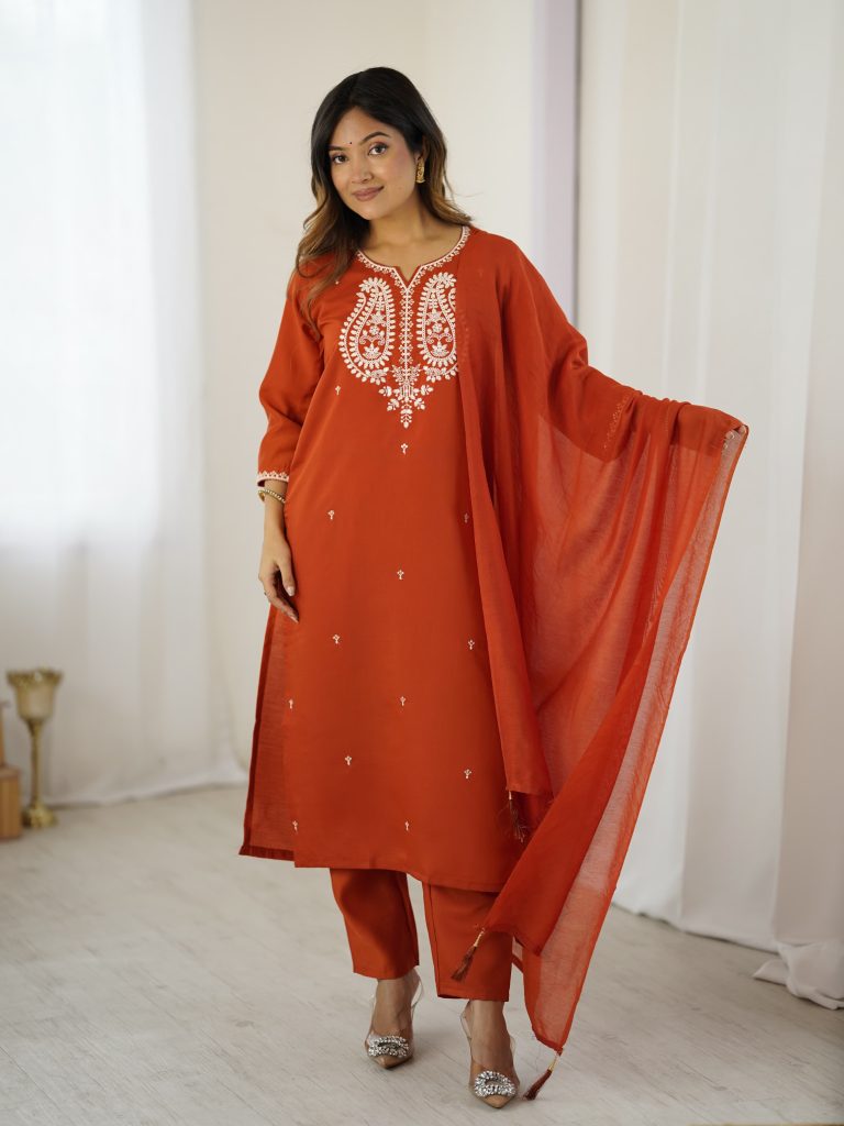 Burnt Rust Chanderi Silk Embellished Suit Ensemble