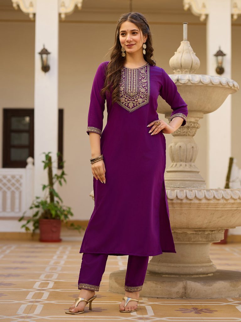 Wine Embellished Rayon Kurta Ensemble