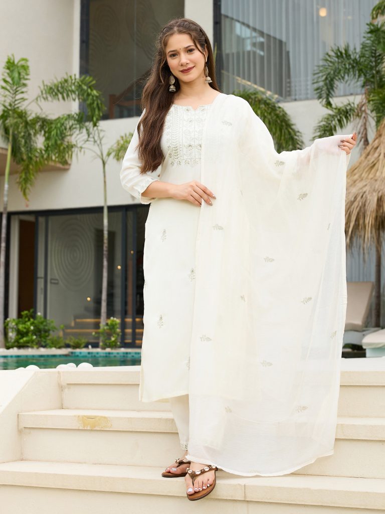 Pearl White Embellished Rayon Slub Kurta Ensemble
