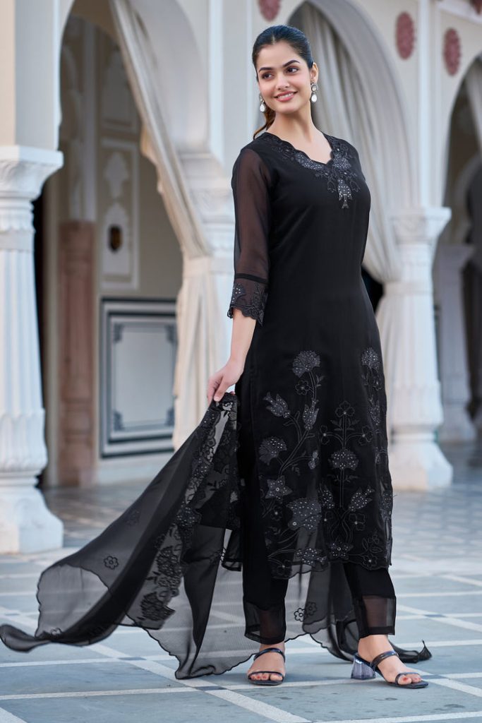 Midnight Black Georgette Embellished Suit Ensemble