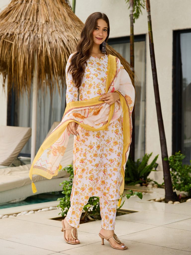 Sunlit Yellow Patterned Silk Blend Kurta Ensemble