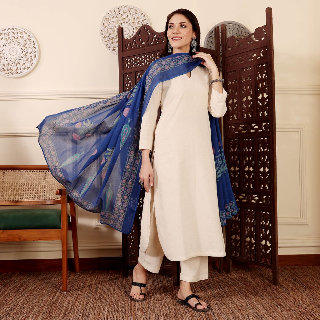 Soft Cream Chanderi Silk Embellished Kurta Ensemble