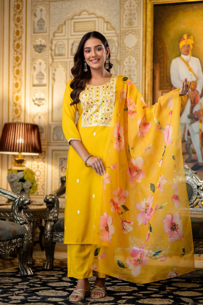 Sunlit Yellow Graceful Viscose Rayon Embellished Kurta Ensemble