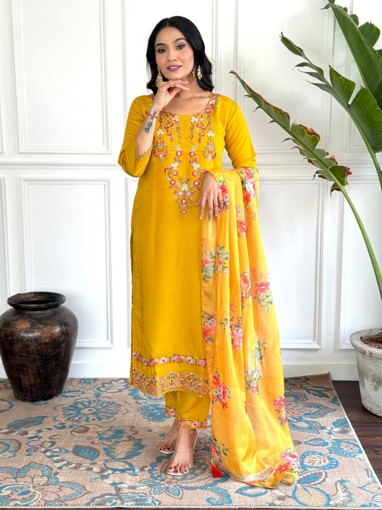 Sunlit Yellow Embellished Chinon Suit Ensemble