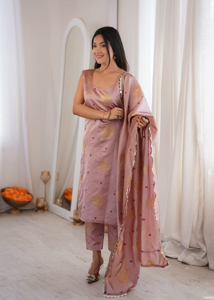 Peach Aura Chanderi Jacquard Suit Ensemble