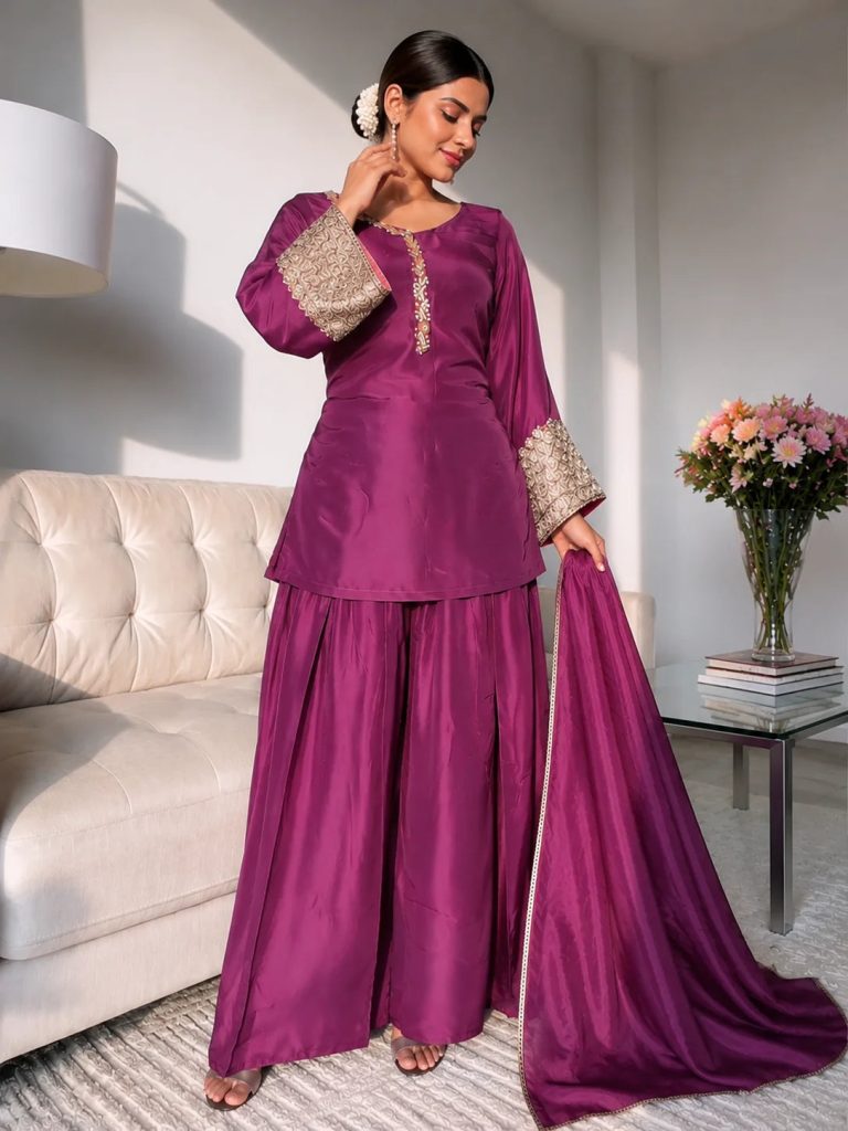Wine Embellished Farshi Kurta Ensemble
