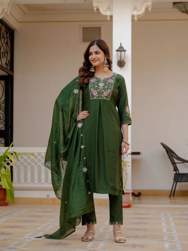 Emerald Green Viscose Mango Silk Embellished Kurti Ensemble
