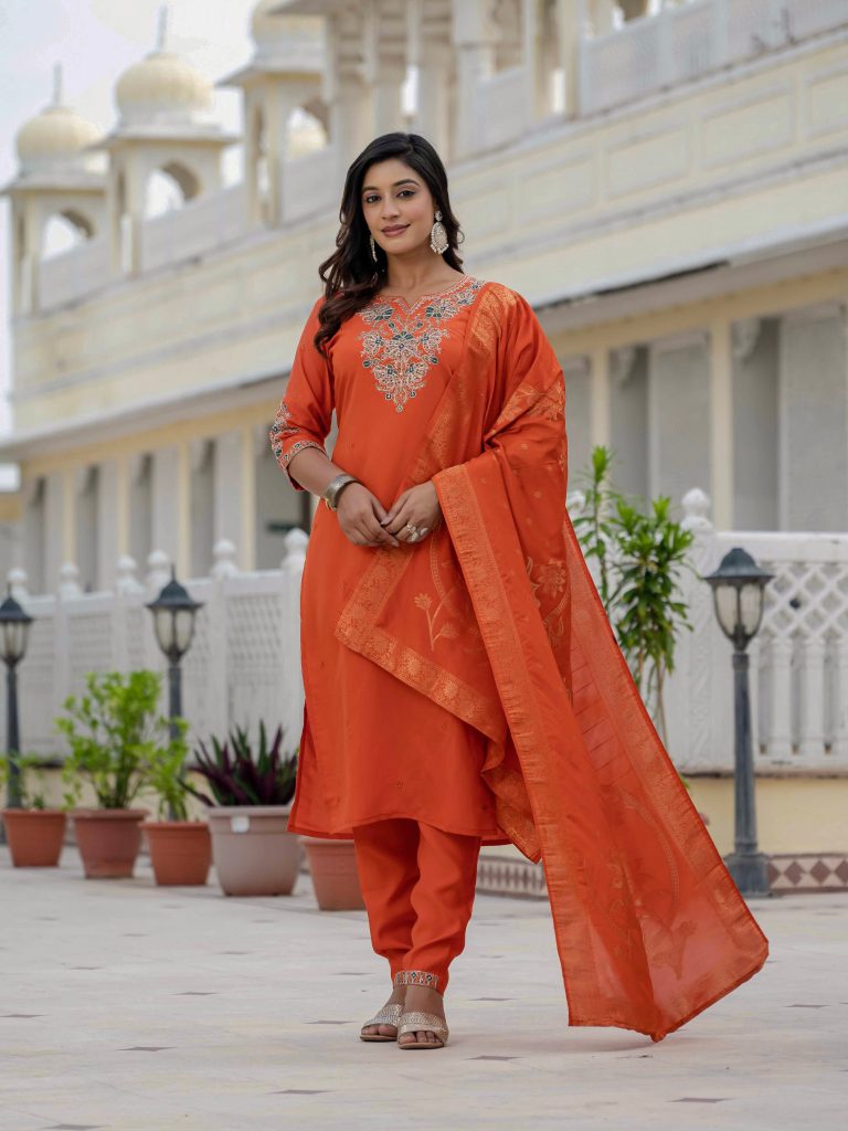 Luxe Orange Roman Silk Suit Ensemble